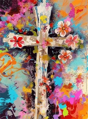 KANGBAWA Malen nach Zahlen für Erwachsene Christliches Kreuz Blume (8) DIY digitales Ölgemälde-Set auf Leinwand mit Pinseln und Acrylpigment Artwork für Heimdekoration 40 x 50 cm von KANGBAWA