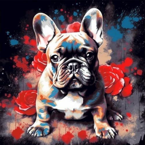 KANGBAWA Malen nach Zahlen für Erwachsene Französische Bulldogge mit Rose (1) DIY digitales Ölgemälde-Set auf Leinwand mit Pinseln und Acrylpigment Artwork für Heimdekoration 40 x 50 cm von KANGBAWA