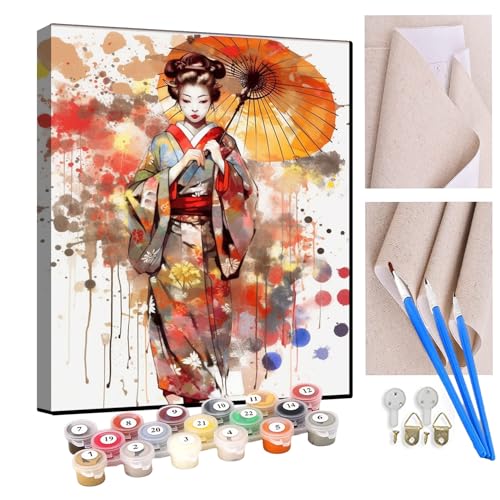 KANGBAWA Malen nach Zahlen für Erwachsene Japanische Geisha mit Regenschirm (31) DIY digitales Ölgemälde-Set auf Leinwand mit Pinseln und Acrylpigment Artwork für Heimdekoration 40 x 50 cm von KANGBAWA