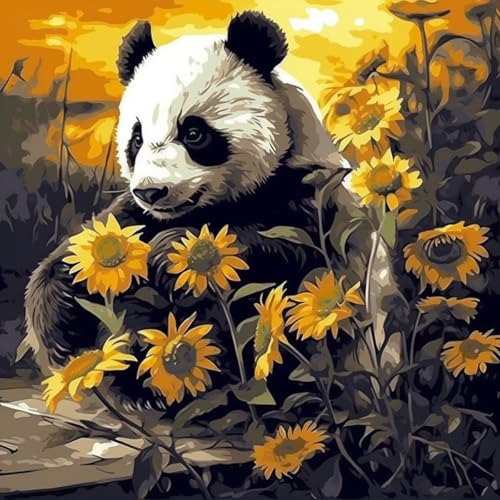 KANGBAWA Malen nach Zahlen für Erwachsene Panda hält Sonnenblume (4) DIY digitales Ölgemälde-Set auf Leinwand mit Pinseln und Acrylpigment Artwork für Heimdekoration 40 x 50 cm von KANGBAWA