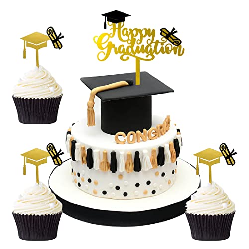 Cake Topper ,KANOSON Happy Graduation und 3 Graduation Hat Deko,Abschlussfeier Deko Kuchen Graduation Cake Decorations von KANOSON