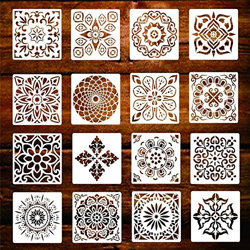 Mandala Schablone Set, 16 Stück Groß wiederverwendbare Laserschnitt Malschablone/Airbrush Vorlage,Mandala Dotting Schablonen für Wand/Stein/Holz Möbel/Malen Vorlagen Kinder(6x6 Zoll) von KANOSON