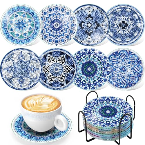 KAOTPO 8 Stück Diamond Painting Untersetzer, Blauem Blumenmotiv DIY Diamant Kunst Untersetzer Kit Mit Halter, Diamant Tassenuntersetzer für Anfänger/Erwachsene(Blau) von KAOTPO