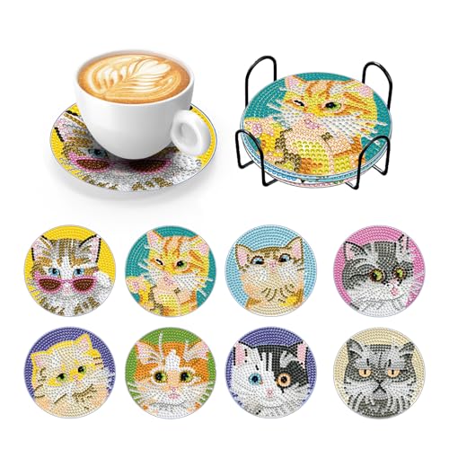 KAOTPO Diamond Painting Geeignet für Erwachsene, Kinder und Anfänger, 8-teiliges Set von Diamond Painting Untersetzern mit Ständer, 5D Kreatives Diamond Painting Katze-Kunst-Set. (CAT) von KAOTPO