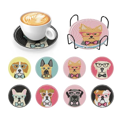 KAOTPO Diamond Painting Geeignet für Erwachsene, Kinder und Anfänger, 8-teiliges Set von Diamond Painting Untersetzern mit Ständer, 5D Kreatives Diamond Painting Katze-Kunst-Set. (Dog) von KAOTPO