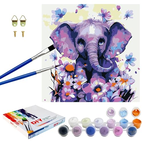 KAOTPO Malen Nach Zahlen Kinder, Malen Nach Zahlen Erwachsene Mit 2-Pinseln und Acrylfarbe, DIY Paint by Numbers Kit für Anfänger für Home Deko 20x20cm (Elefant) von KAOTPO