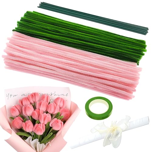 KAOTPO Pfeifenputzer zum Basteln Rosa Set, 200 Stück Pfeifenreiniger zum Basteln Sowie Pfeifenreiniger Blumen Set, Ausgestattet mit Blumendraht, Schleifenband, Verpackungstaschen und Anleitung. von KAOTPO