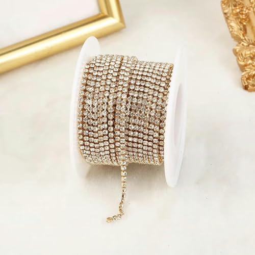 SS4,5–SS18 (1,5–4,5 mm), glitzernde, klare Kristall-Strass-Cup-Kette zum Aufnähen von Strassbesatz für DIY-Kleidung, Bastel-Cup-Kette, KC-Goldkristall, SS16 (4,0 mm), 9,1 m von KAOXHX