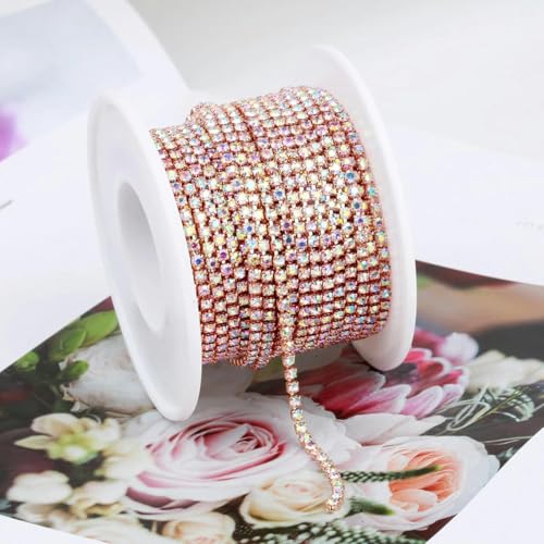 SS4.5-SS18 (1,5 mm-4,5 mm) glitzernde, klare Kristall-Strass-Cup-Kette zum Aufnähen von Strass-Besatz für DIY-Kleidung, Bastel-Cup-Kette, Roségold-Kristall AB-SS16 (4,0 mm) – 9,1 m von KAOXHX