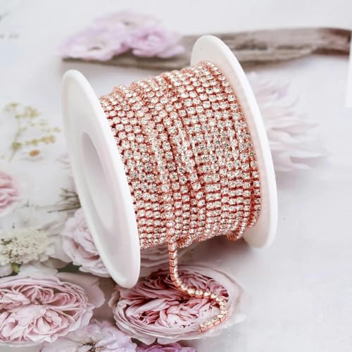 SS4.5-SS18 (1,5 mm-4,5 mm) glitzernde, klare Kristall-Strass-Cup-Kette zum Aufnähen von Strass-Besatz für DIY-Kleidungshandwerk, Cup-Kette, Roségold-Kristall, SS16 (4,0 mm), 9,1 m von KAOXHX