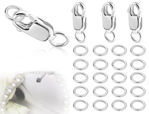 KAPSING 3 Stück Kettenverschluss Set,Sterling Silber 925 Karabinerverschluss,Lobster Clasp mit 20 Stück Offene Rings,Armband Schmuckverschluss Verbinder Zubehör,Für DIY Halsketten(Silber) von KAPSING