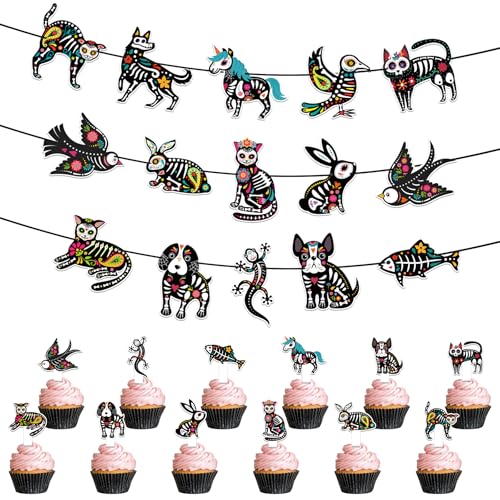 KARAQY Day of the Dead Party-Dekorationsset, Zuckerschädel Tiere Partybanner und 12 Stück Cupcake-Topper für Tag der Toten Halloween Dia de Los Muertos Party von KARAQY