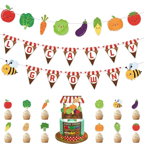 KARAQY Farmers Market Party Dekorationen, lokal angebaute Partybanner Obst und Gemüse Cupcake Toppers für lokal angebaute Babyparty-Dekorationen von KARAQY