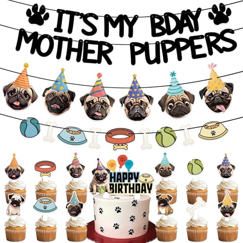 KARAQY Hunde-Geburtstagsdekoration - It's My Birthday Mother Puppers Girlande, Mops Welpe Motto Party Cake Toppers und Dekor Set von KARAQY