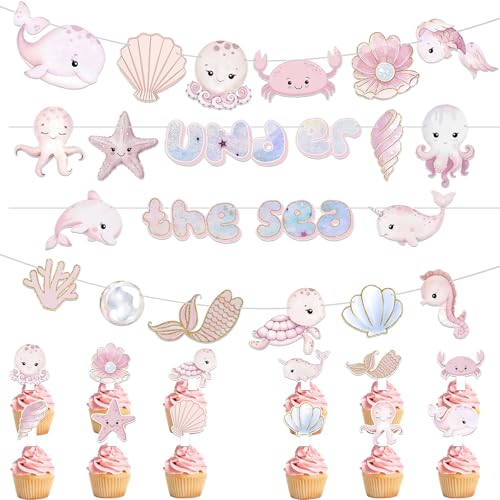 KARAQY Partydekorationsset "Under the Sea", rosa Party-Banner und 12 Stück Meerestier-Cupcake-Topper für Meer-Party, Ozean-Party von KARAQY