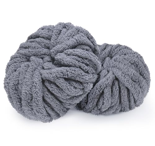 Grobes Wollgarn, 250 g x 2, 2 cm, super grobes Deckengarn zum Stricken, Flutterby-Garn zum Häkeln, weiches Garn für Decke, Puppen, Teppich, Taschen, Hüte, Kissen (grau) von KARBRING