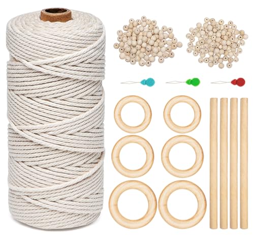 KARBRING Makramee Set, Basteln Makramee, 100m Makramee Garn Yards 3mm mit 100 Holzperlen 4 Holzstäbchen 6 Holzringe für DIY Anfänger Erwachsene DIY Handwerk Basteln Makramee von KARBRING