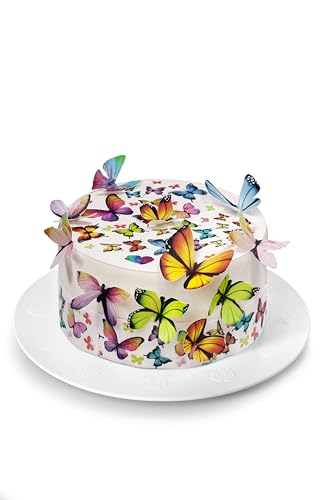 Kardasis Schmetterlinge Zuckerpapier Tortenaufleger | Essbarer Aufleger für Torten und Kuchen | Tortendekoration für den Schmetterlinge Themengeburtstag | 20cm+ 4 band 28x4cm + 12 Essbare Figuren von KARDASIS