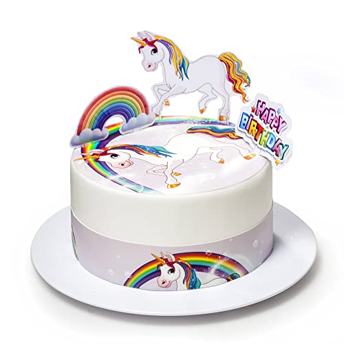 Kardasis Unicorn mit Zuckerbändern und Papierfiguren | Essbarer Aufleger für Torten und Kuchen | Tortendekoration für den Unicorn Themengeburtstag | 20cm + 3 Band 28x5cm + 4 Figuren von KARDASIS