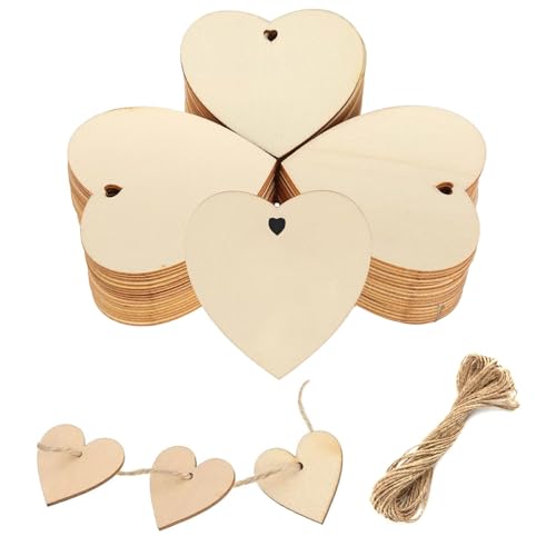 Holzherzen Scheiben, Streudeko Herzen Holz Set, Holzherzen Hochzeit, 50 Stück Herz Holz Anhänger, Holzherzen, Holzherzen Zum Beschriften, Holz Herzen Klein Deko, mit 10m Jute Schnur von KARELLS