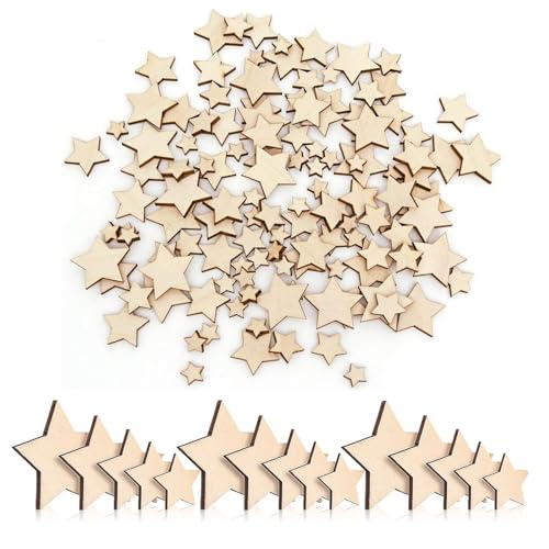 Holzsterne zum Basteln und Dekorieren,Holzsterne Holz,Stern Holzscheiben,Baumscheiben zum Basteln und Bemalen DIY Baumschmuck,für Babyparty Handwerk Verzierungen 4 verschiedene Größen,100 Stücke von KARELLS