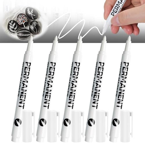 KARELLS 5 Stück Marker Weiß Stift, 2,0 mm Fadenbreite, Weiß Acrylstifte Marker Stifte Wasserfest, Kreidestifte für Tafel Abwaschbar Weiß, Wasserfest und Schnell Trocknender Permanent Marker von KARELLS