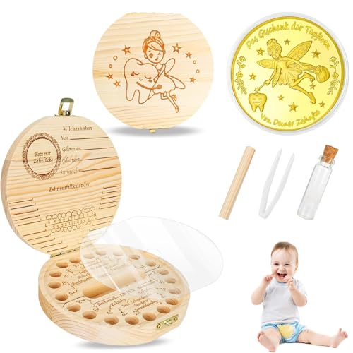 KARELLS Zahnbox Zahndose für Kinder aus Holz, Box für Milchzähne, Zahndose Milchzähne mit Namen zum Aufstellen, Zahnbox Holz Milchzähne Box, für Mädchen & Jungen, Hölzerne Aufbewahrungsbox für Zähne von KARELLS