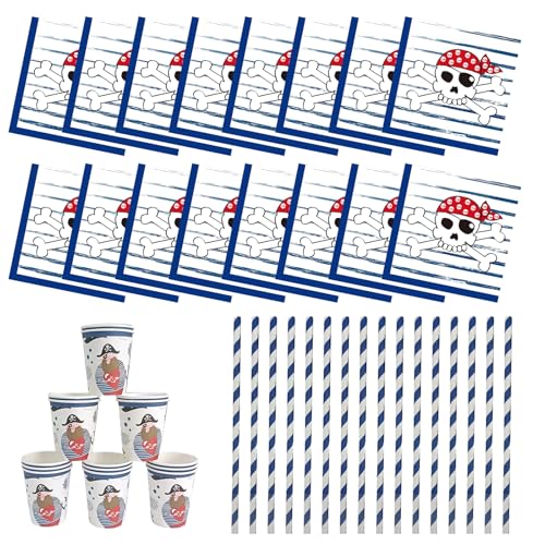 Piraten Partygeschirr Set,Piratenschiff Party Servietten für 16 Gäste,Servietten Pirat,Servietten zur Piraten Party,Kindergeburtstag Geschirr Set mit Becher Servietten Stroh,48PCS von KARELLS