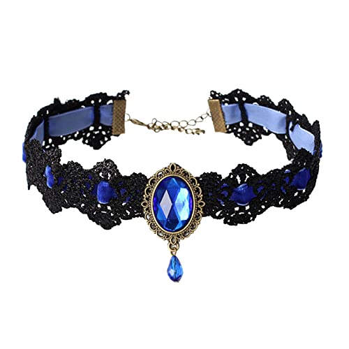KAREN66 Zierliche Halskette für Damen Retro Gothic Lace Choker Elegant Sexy Halskette Black Lace Choker Clavicle Chain Halskette mit Strass Spitzenschmuck für Frauen Mädchen Frauen (Blue, One Size) von KAREN66