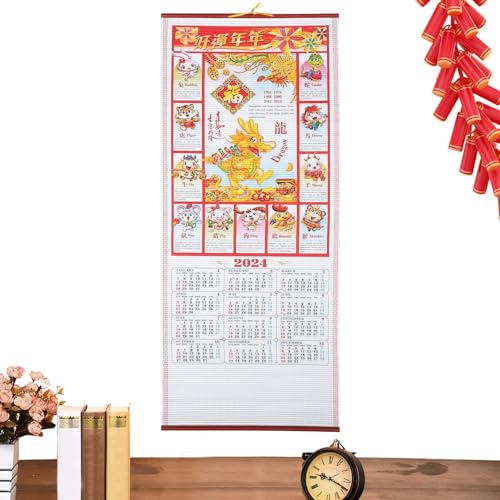 KAREW Happy New Year Banner, Rattan-Papier Chinesischer Wandscroll-Kalender, langlebig und glückliches Neujahrsparty-Dekoration-Banner, festliches Scroll-Poster, feierliches Scroll-Banner für von KAREW