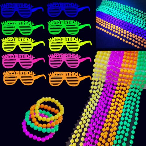 KARLOR 18 Stück UV Party Deko, 10 Fluoreszierende Brillen + 4 Neon Armbänder + 4 Leuchtende Halsketten, Schwarzlicht Party Zubehör Partybrille Glow Party Accessoires UV Party Outfit Glow In UV Licht von KARLOR