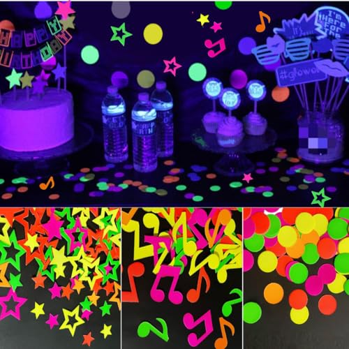 KARLOR 300 Stück Neon Konfetti, 100 Stern + 100 rund+100 Musiknoten, fluoreszierend Party Deko Glow Papier Partyzubehör Schwarzlicht fluoreszierend Konfetti Deko Requisiten Leuchtet unter UV Licht von KARLOR