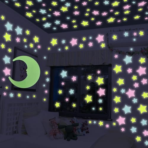 KARLOR Neon Sterne Mond Deko,251 Stück Wanddeko fluoreszierend Sterne Nachtleuchtende Mond Deko Kinderzimmer Wandsticker großer Mond Glow in Dark Leuchtsterne Mond Leuchtaufkleber Kunststoff von KARLOR