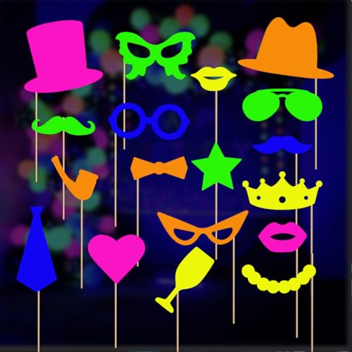 KARLOR UV Party Deko, 18 Pcs Neon Foto-Requisiten Papier Glow Party Deko Fluoreszierend Dekoration Leuchtend lustig Hüte Brille Bärte Weinglas Schwarzlicht Party Accessories UV Partyzubehör Outfit von KARLOR