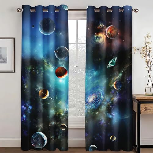 KARPIX Universum Planet Fenstervorhang Weltraum Sternenklar vorhänge Mit Ösen Blickdicht Gardine Für Kinder Und Jugendliche, 2 Paneele (1,100x140cm(2x50x140cm)) von KARPIX