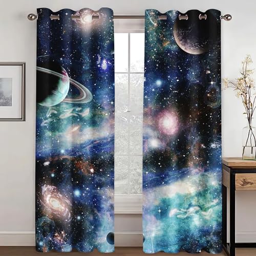 KARPIX Universum Planet Fenstervorhang Weltraum Sternenklar vorhänge Mit Ösen Blickdicht Gardine Für Kinder Und Jugendliche, 2 Paneele (10,150x166cm(2x75x166cm)) von KARPIX