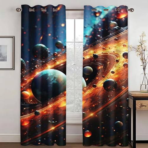 KARPIX Universum Planet Fenstervorhang Weltraum Sternenklar vorhänge Mit Ösen Blickdicht Gardine Für Kinder Und Jugendliche, 2 Paneele (2,100x140cm(2x50x140cm)) von KARPIX