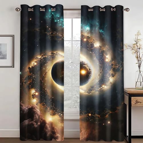 KARPIX Universum Planet Fenstervorhang Weltraum Sternenklar vorhänge Mit Ösen Blickdicht Gardine Für Kinder Und Jugendliche, 2 Paneele (4,150x166cm(2x75x166cm)) von KARPIX