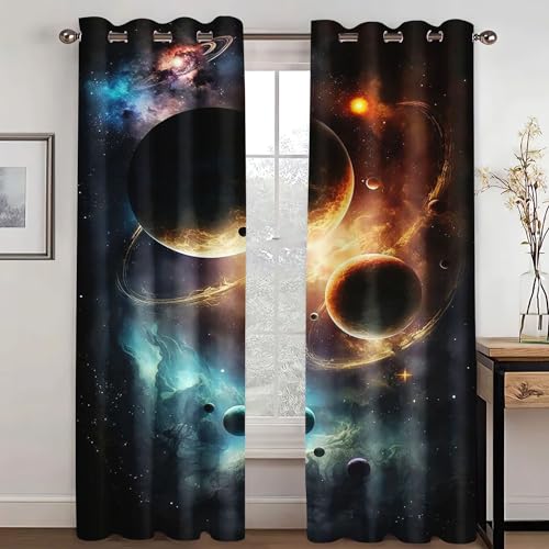 KARPIX Universum Planet Fenstervorhang Weltraum Sternenklar vorhänge Mit Ösen Blickdicht Gardine Für Kinder Und Jugendliche, 2 Paneele (7,100x140cm(2x50x140cm)) von KARPIX