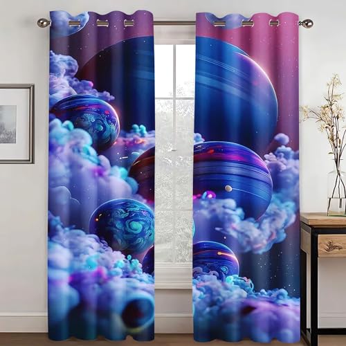 KARPIX Universum Planet Fenstervorhang Weltraum Sternenklar vorhänge Mit Ösen Blickdicht Gardine Für Kinder Und Jugendliche, 2 Paneele (9,183x160cm(2x91x160cm)) von KARPIX