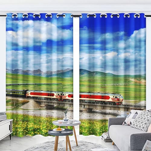 KARPIX Vorhänge mit Ösen Blickdichte Vorhänge Zug Lokomotive Vorhang Polyester Zug Fenstervorhang 3D Home Dekoration Gardinen Für Kinderzimmer (2,150x166cm(2x75x166cm)) von KARPIX