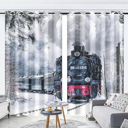 KARPIX Vorhänge mit Ösen Blickdichte Vorhänge Zug Lokomotive Vorhang Polyester Zug Fenstervorhang 3D Home Dekoration Gardinen Für Kinderzimmer (4,100x140cm(2x50x140cm)) von KARPIX