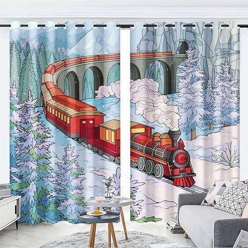 KARPIX Vorhänge mit Ösen Blickdichte Vorhänge Zug Lokomotive Vorhang Polyester Zug Fenstervorhang 3D Home Dekoration Gardinen Für Kinderzimmer (6,183x160cm(2x91x160cm)) von KARPIX