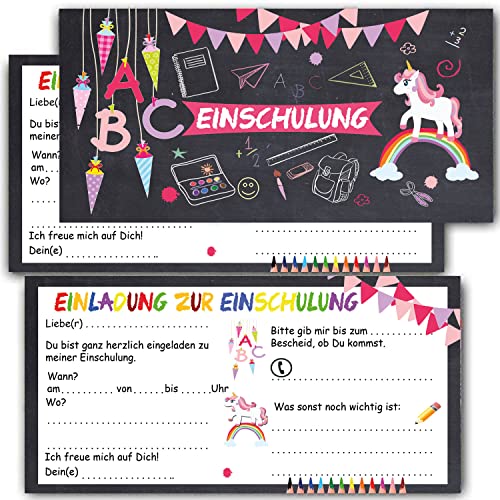 Einladung zur Einschulung für Mädchen Einhorn Schultüte Einladungskarten mit Umschlägen Schulbeginn 12er Set zum Schulanfang Schuleinführung Schuleingang Zuckertüte (Schulanfang Einhorn) von KARTENVERSAND24