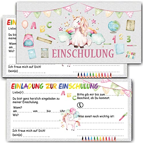 KARTENVERSAND24 Einladung zur Einschulung für Mädchen Einhorn Einladungskarten inkl Umschlag 12er Set zum Schulanfang Schulbeginn Schuleinführung Schuleingang Zuckertüte Schultüte unicorn von KARTENVERSAND24