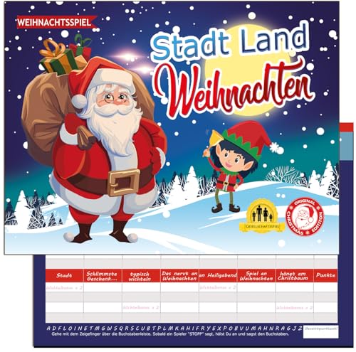 KARTENVERSAND24 Weihnachtsspiel Stadt Land Weihnachten Geschenkideen Fluss Kleinigkeiten Weihnachtsspiele Spielblock Gesellschaftsspiele kleine Spiele Geschenk Teenager (Weihnachtsman) von KARTENVERSAND24