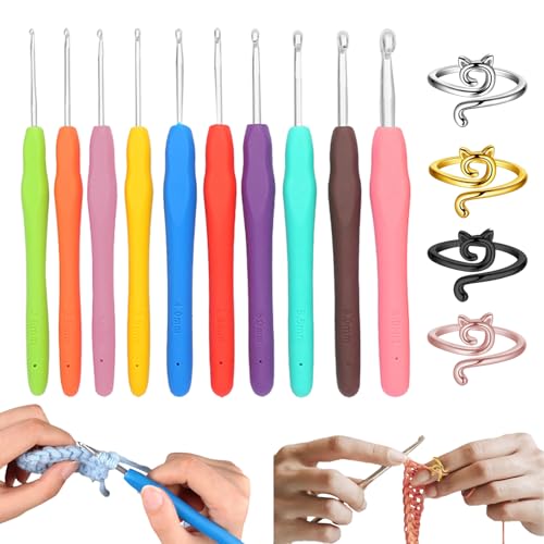 KASESSS 10 Stück Aluminium Häkelnadel, Häkelnadeln zum Häkeln und Stricken mit 4 Stück Häkelring, 10 Größe Ergonomisch Häkelnadel Set, Crochet Hook mit Multicolor Weich Griff für Anfänger Oder Profis von KASESSS