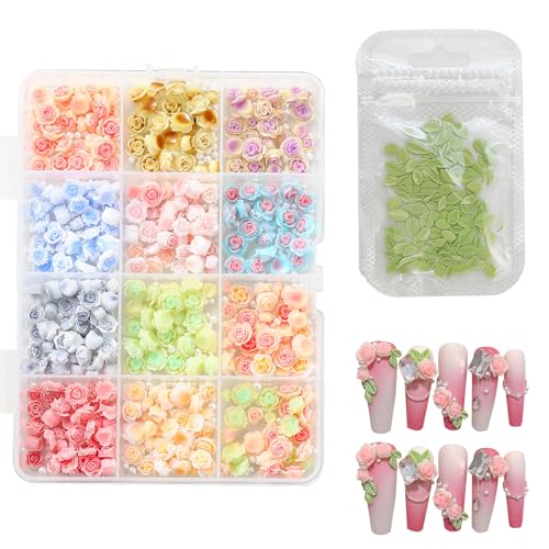 KASESSS Blumen Nail Charms, Harz Charms Nägel, 3D Rosen Nagel Charms, Flower Nail Art Charms mit Perlen und Blätter, 12Farben Nagelschmuck, Nail Charm für Mädchen Frauen DIY Nailart Dekoration Zubehör von KASESSS