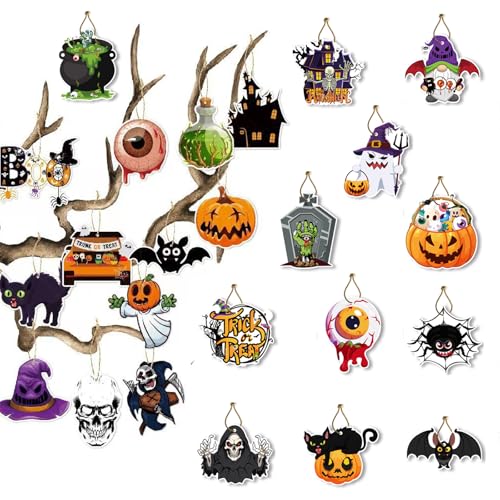 KASESSS Halloween Dekoration für Baum, 24 Stück Mini Halloween Baumschmuck, 24 Stile DIY Halloween Hängende Dekoration mit Seilen Horror Halloween Anhänger Dekoration für Bäume Türen Partydekorationen von KASESSS