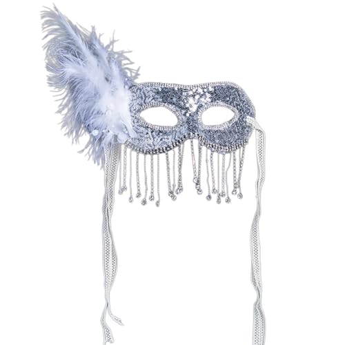 KASFDBMO Maske mit Pailletten, Augenmaske mit Strasssteinen, Kette für Damen, Maskerade, Karneval, Abschlussball, Hochzeit von KASFDBMO